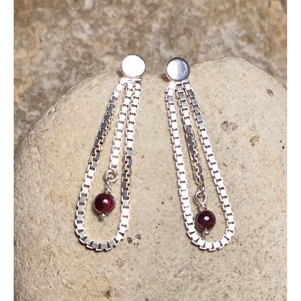 Sterling Silver Box Chain Garnet Dangle Earrings Signed